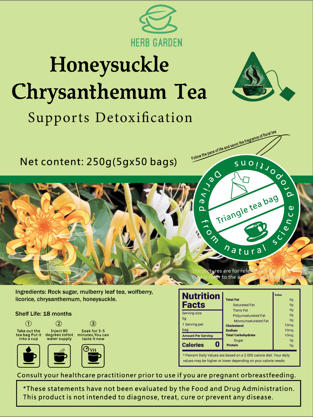 Goddess Herbal Tea Beverage - Natural Material Honeysuckle Chrysanthemum Tea 250g (5g x 50 bags)
