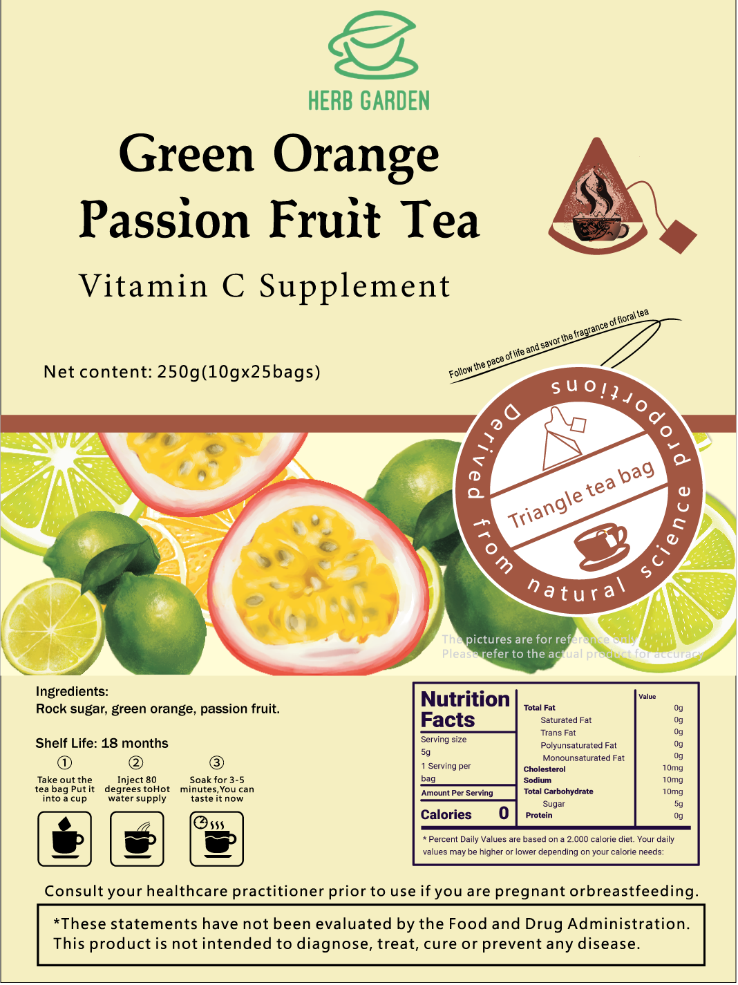 Goddess Herbal Tea Beverage - Natural Material Green Orange Passion Fruit Tea 250g (10g x 25 bags)