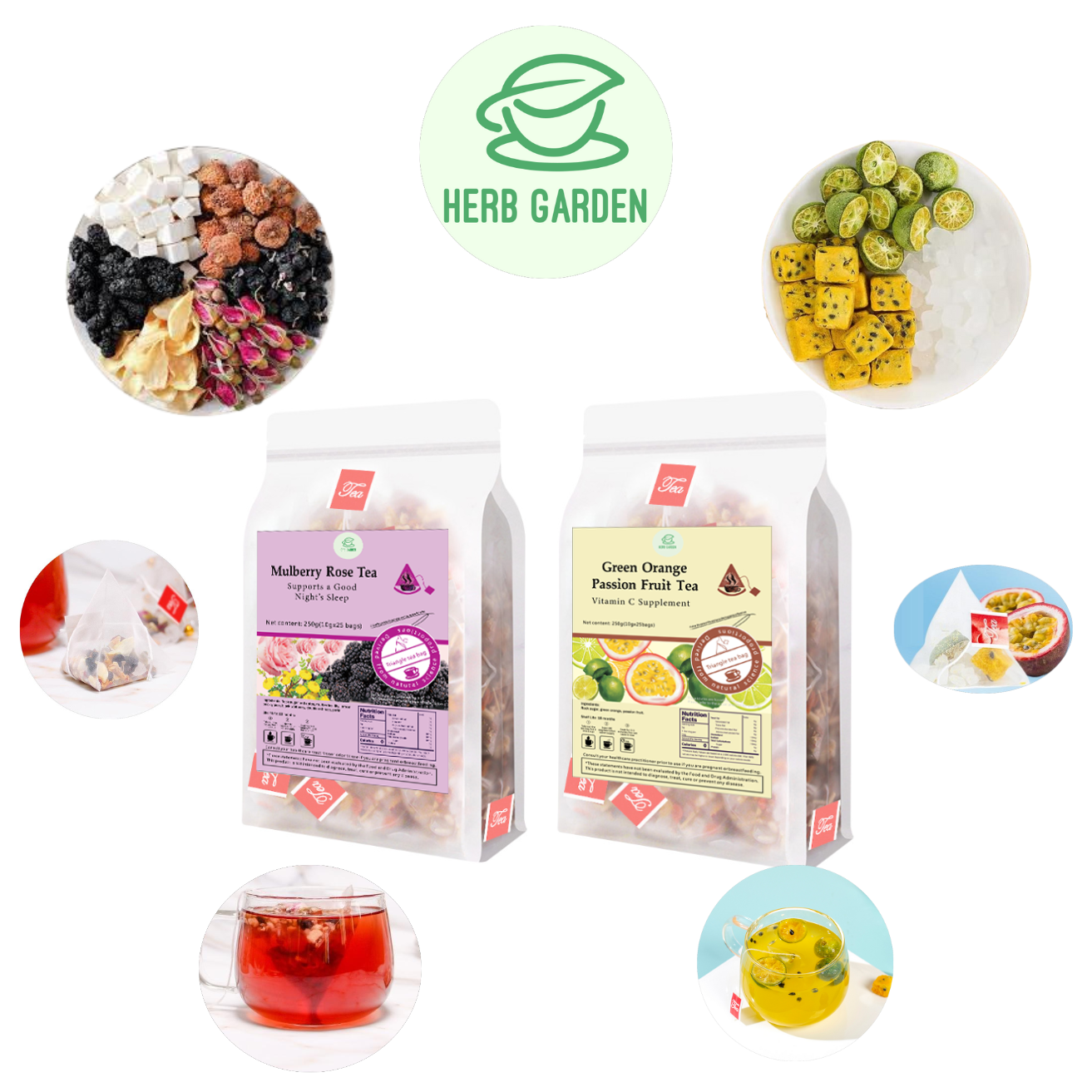Loose Leaf Herbal Fruit Flower Tea - Mulberry Rose Tea & Green Orange Passion Fruit Tea - 50 teabags (17.6oz) - Vitamin C, Good Night’s Sleep, Great Taste, 100% Natural Whole Material, No Gluten, Positive Energy, Stress Relief