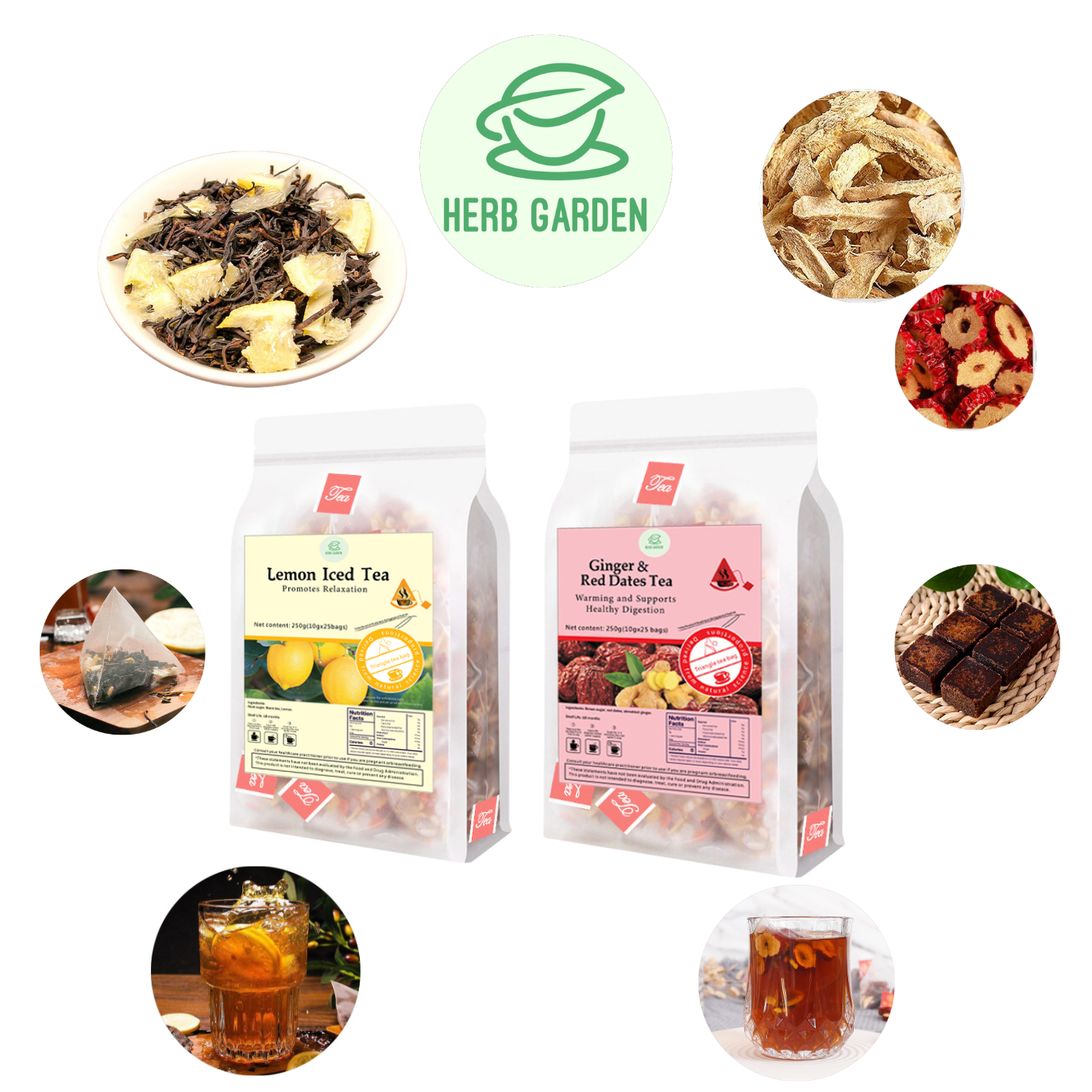 Loose Leaf Fruit Tea - Lemon Iced Tea & Ginger & Red Dates Tea - 50 teabags (17.6oz) - Black Tea, Caffeinated, Vitamin C, , Skin Detox, Menstrual, Great Taste, 100% Natural Whole Material, No Gluten, Positive Energy, Stress Relief