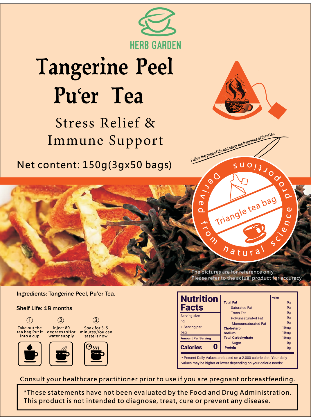 Tangerine Peel Pu'er Tea 150g (3g x 50 bags)x 2 packages