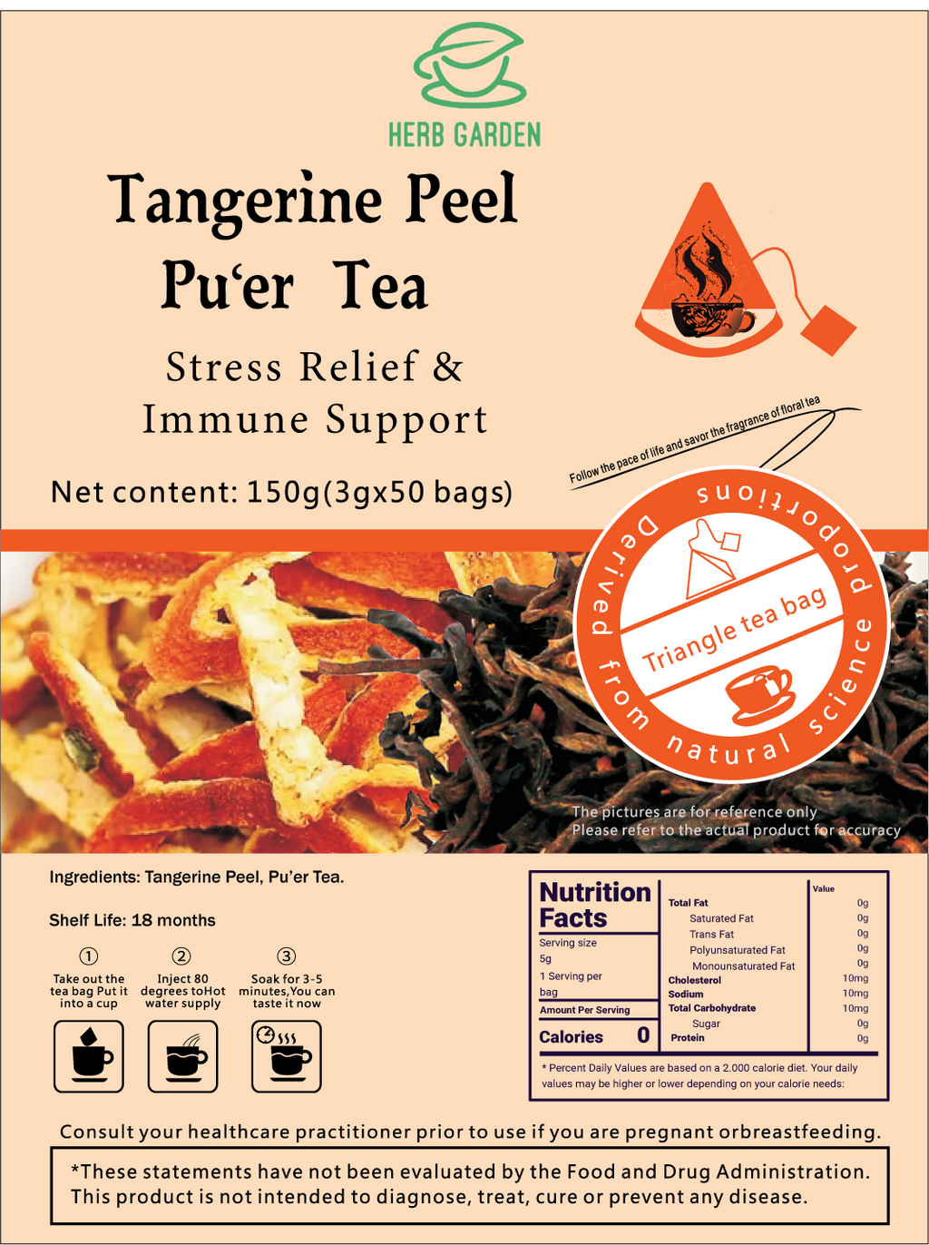 Goddess Herbal Tea Beverage - Natural Material Tangerine Peel Puer Tea 250g (5g x 50 bags)