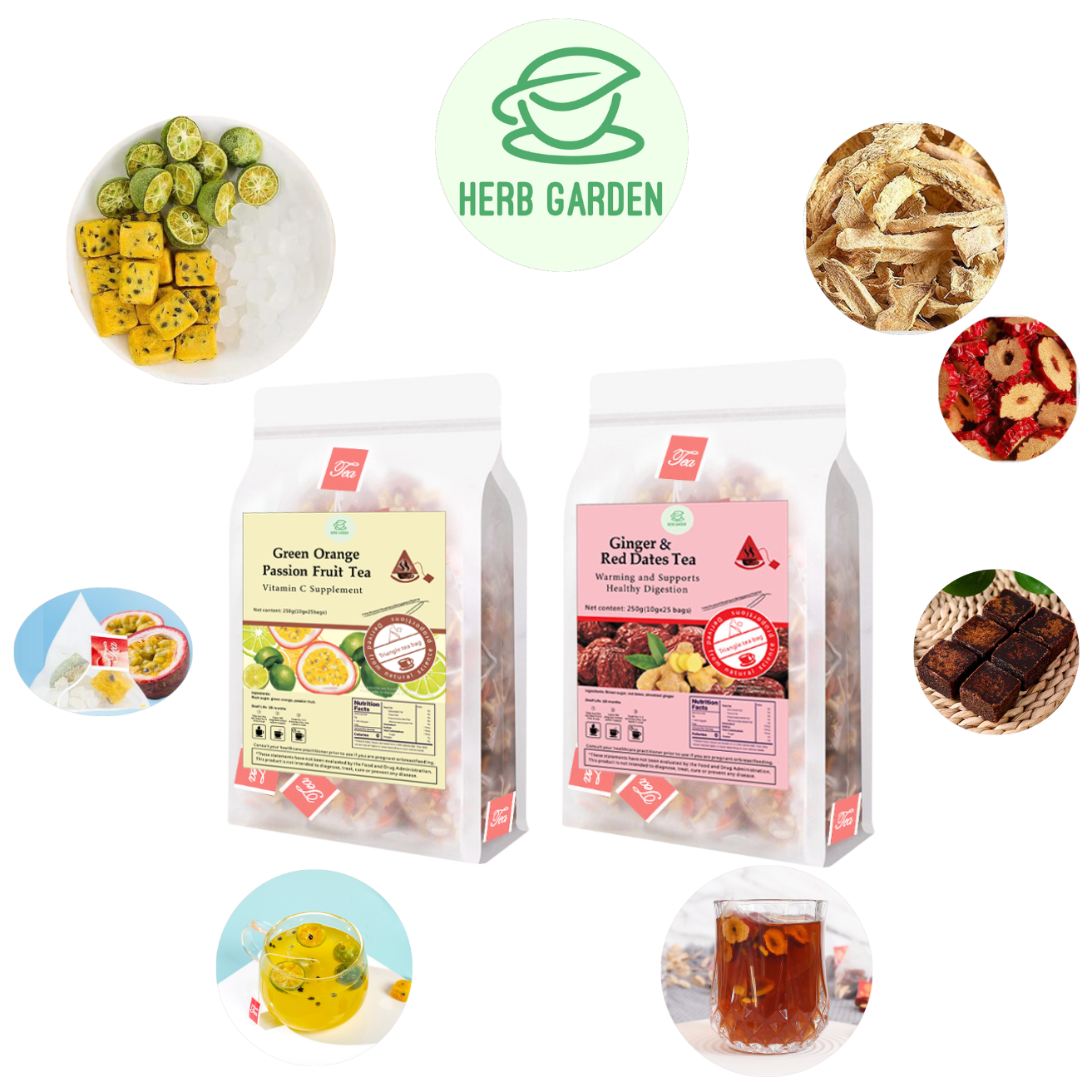 Loose Leaf Fruit Tea - Green Orange Passion Fruit Tea & Ginger & Red Dates Tea - 50 teabags (17.6oz) - Skin Detox, Menstrual, Great Taste, 100% Natural Whole Material, No Gluten, Positive Energy, Stress Relief