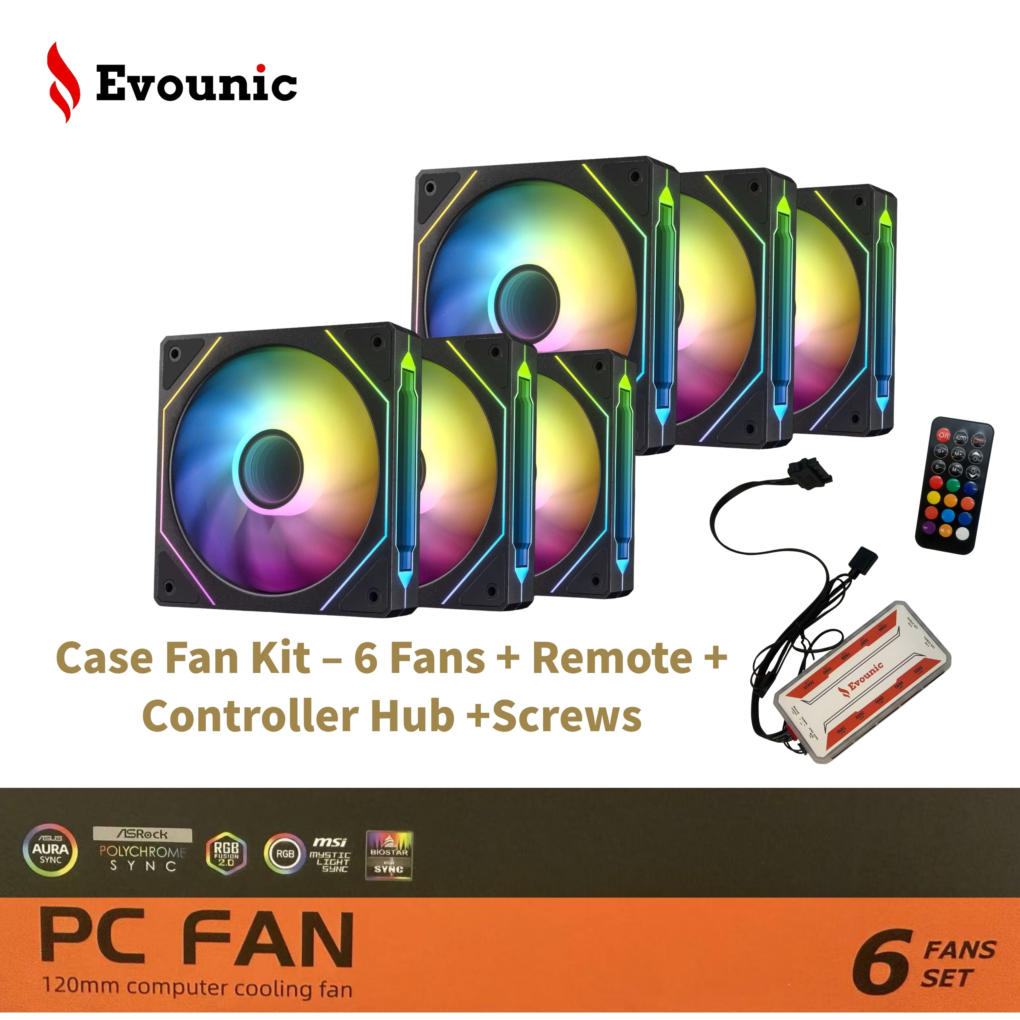 Evounic 120mm RGB/ARGB Case Fan Kit with Remote Control and 6-Port Controller Hub, Quiet Cooling 6-Pack PC Fans for Gaming Desktop Computers