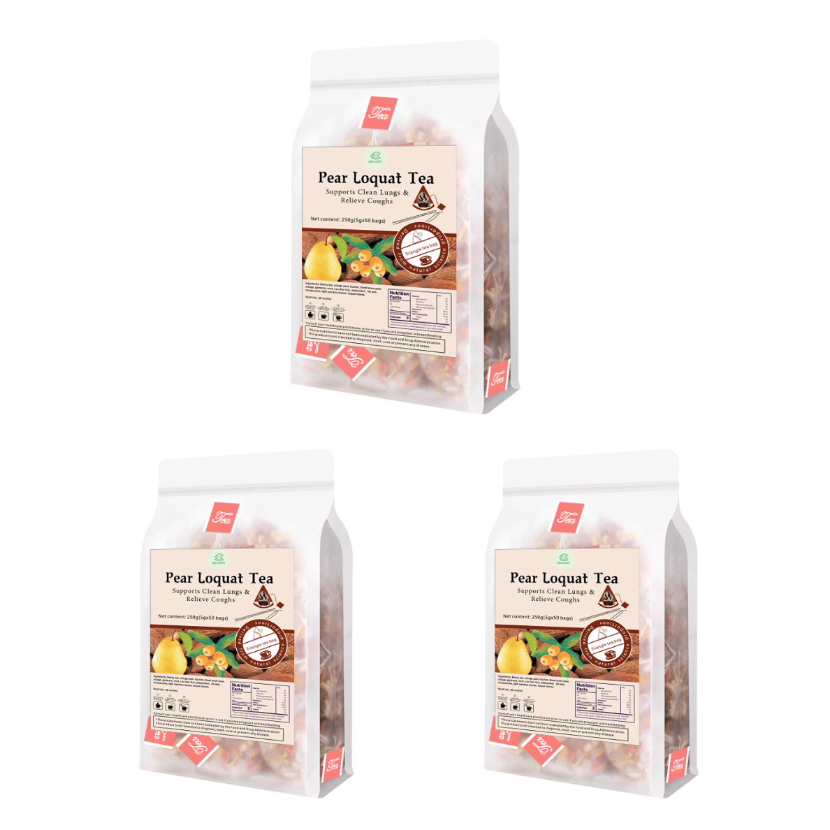 Benefits Wellness Herbal Fruit Loose Left Tea Beverage - Pear Loquat Tea 8.8oz (50 teabags) - Caffeine Free - Clear smokers Lungs, detox, Throat Comfort, Great Taste, Stress Relief, 100% Natural Whole Material No Gluten