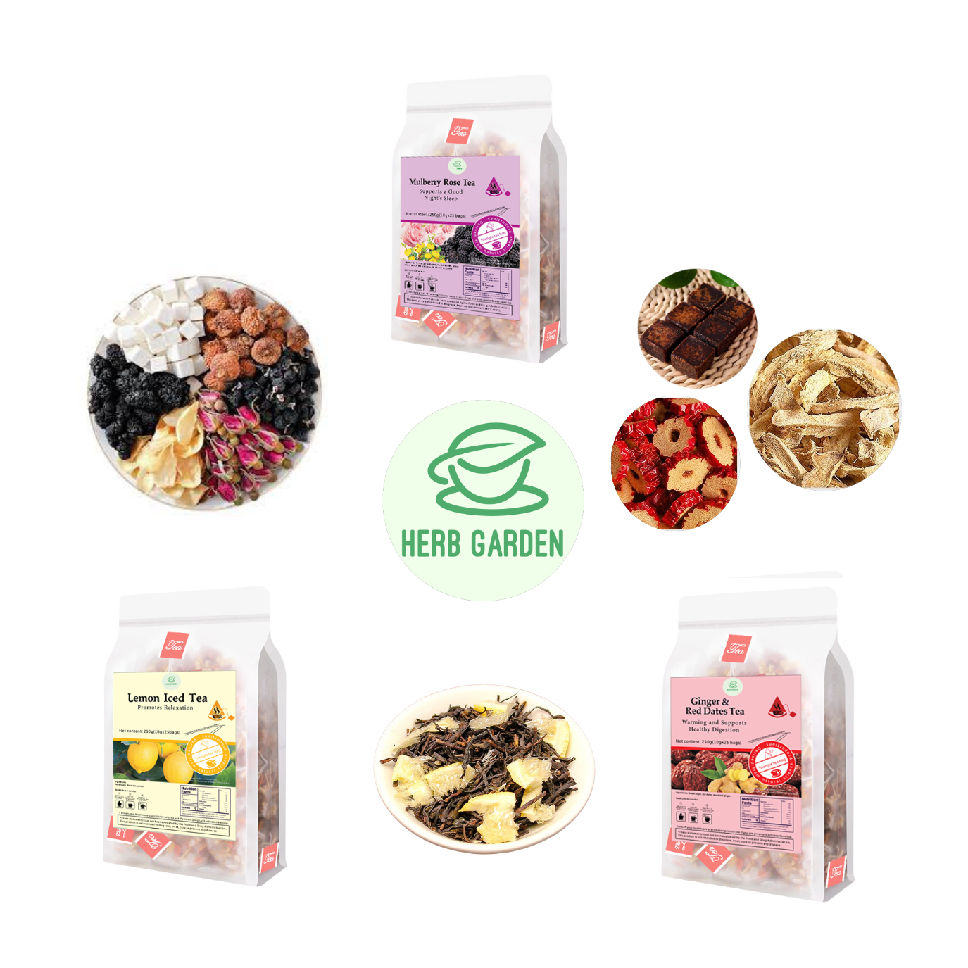 Loose Leaf Herbal Fruit Flower Tea Beverage - Mulberry Rose Tea & Lemon Iced Tea & Ginger & Red Dates Tea - 75 teabags (26.4oz) -  Black Tea, Vitamin C, Skin Detox, Menstrual, Good Night’s Sleep, 100% Natural Whole Material, Stress Relief