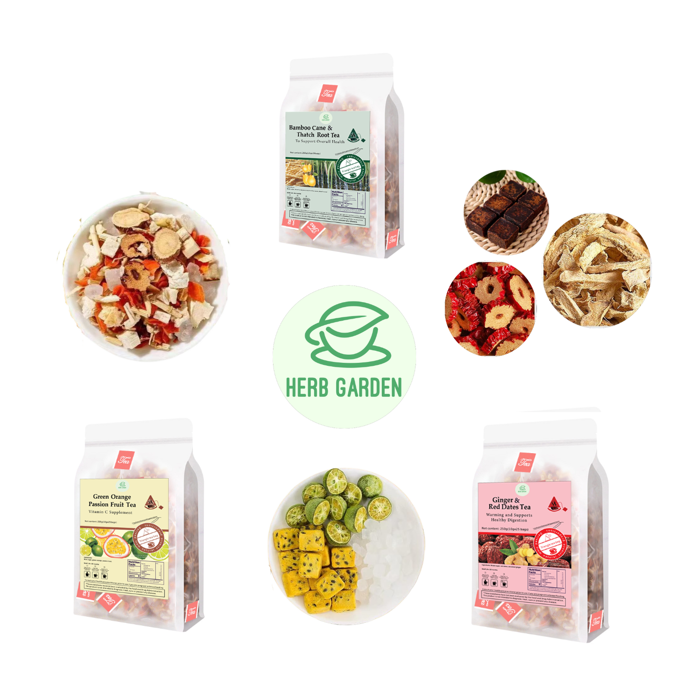 Loose Leaf Herbal Fruit Flower Tea Beverage - Bamboo Cane & Thatch Root Tea & Green Orange Passion Fruit Tea & Ginger & Red Dates Tea - 75 teabags (26.4oz) -  Skin Detox, Menstrual, Vitamin C, 100% Natural Whole Material, Stress Relief