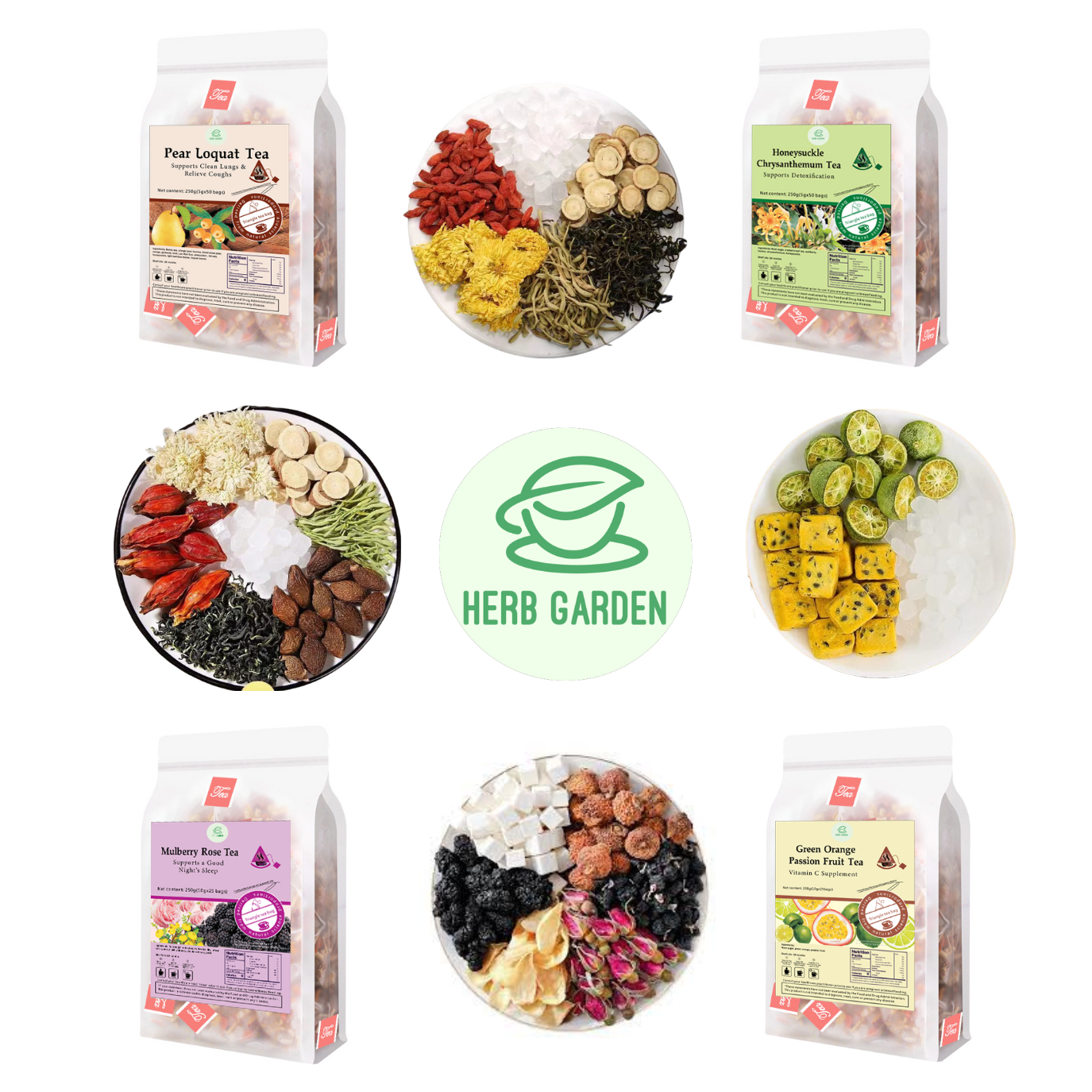 Loose Leaf Herbal Fruit Flower Tea Beverage - Pear Loquat Tea & Honeysuckle Chrysanthemum Tea & Mulberry Rose Tea & Green Orange Passion Fruit Tea - 125 teabags (35.2oz) -  Detox, Throat Comfort, Vitamin C, Good Sleep, 100% Natural Whole Material