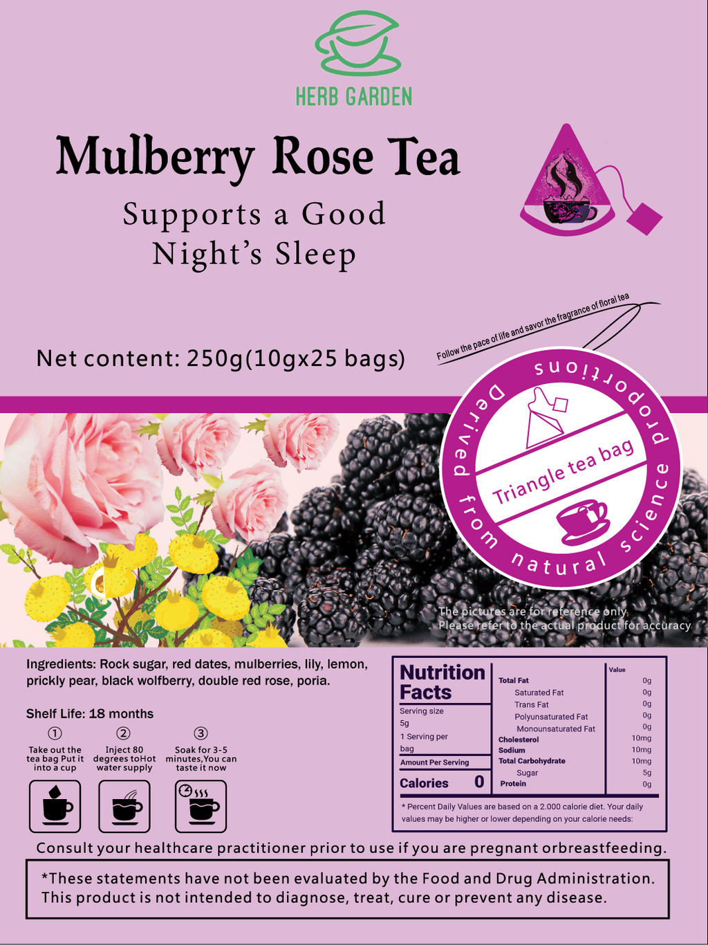 Goddess Herbal Tea Beverage - Natural Material Mulberry Rose Tea 250g (10g x 25 bags)