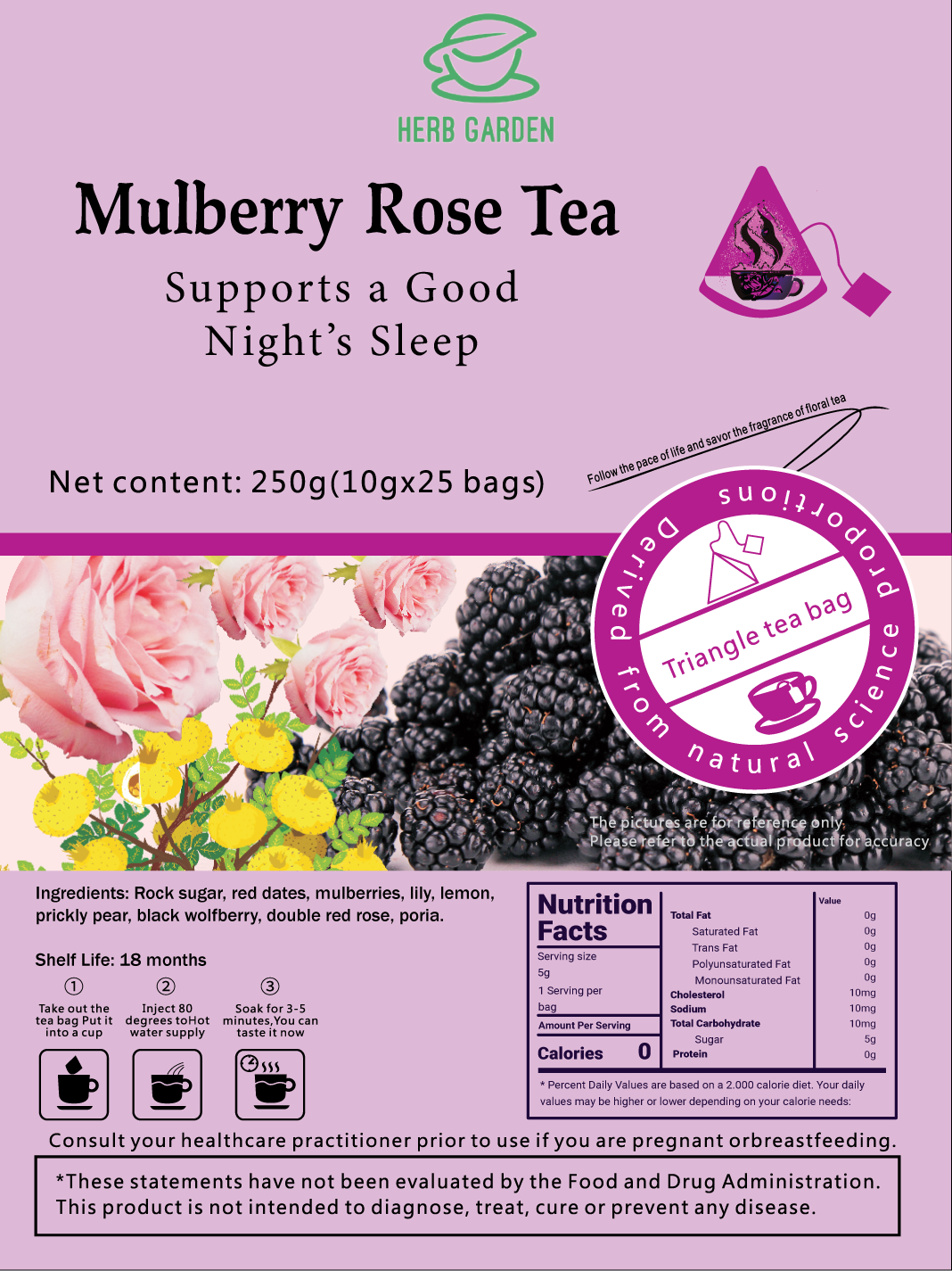 Goddess Herbal Tea Beverage - Natural Material Mulberry Rose Tea 250g (10g x 25 bags)