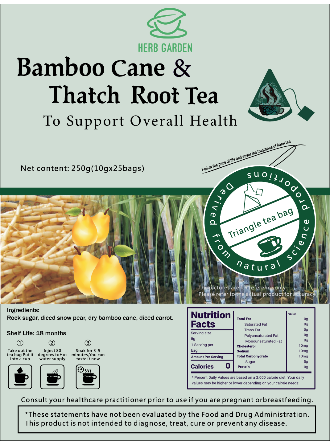 Goddess Herbal Tea Beverage - Natural Material Bamboo Cane & Thatch Root Tea 250g (10g x 25 bags)