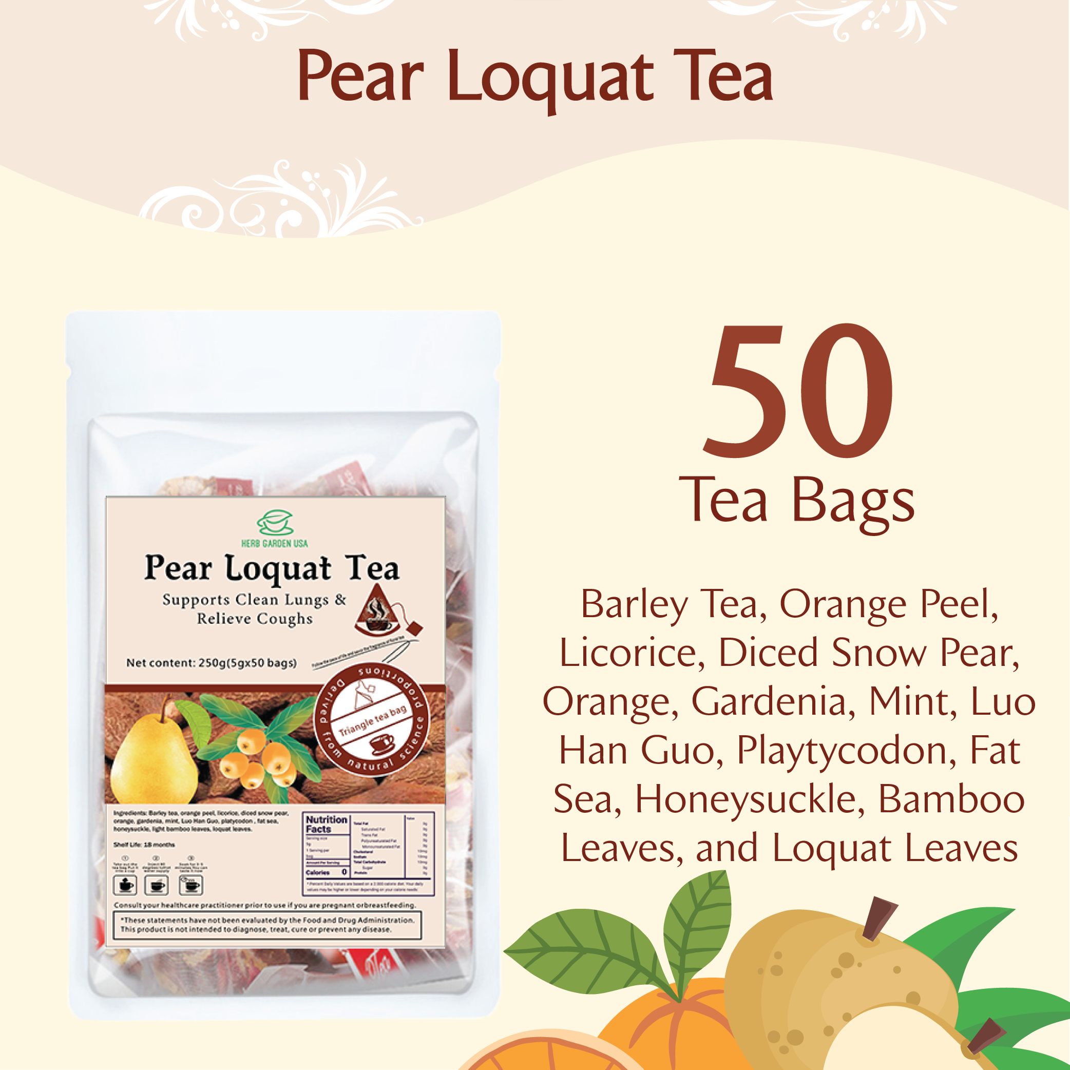 Benefits Wellness Herbal Fruit Loose Left Tea Beverage - Pear Loquat Tea 8.8oz (50 teabags) - Caffeine Free - Clear smokers Lungs, detox, Throat Comfort, Great Taste, Stress Relief, 100% Natural Whole Material No Gluten