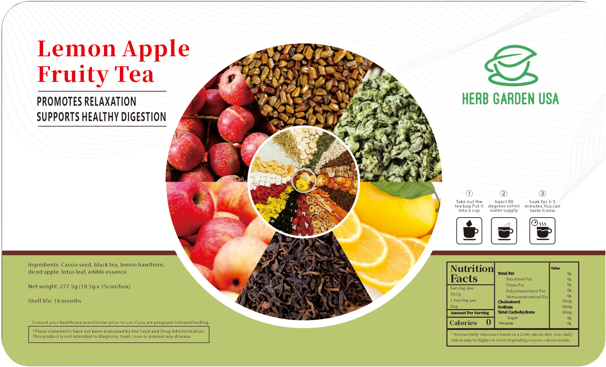 Bebida de material natural de té de hierbas - Té afrutado de manzana y limón 277 g (18,5 g x 15 latas)