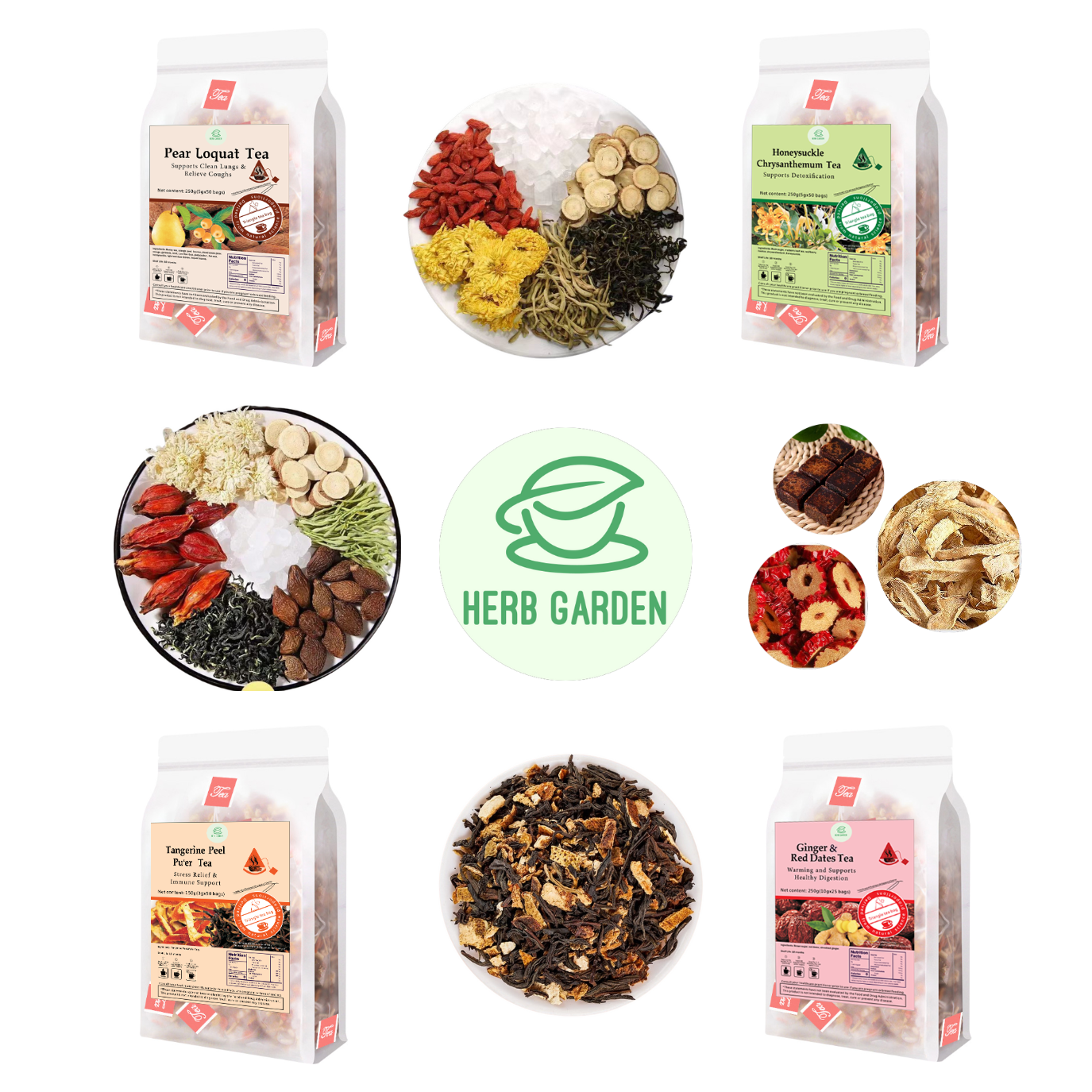 Loose Leaf Herbal Fruit Flower Tea Beverage - Pear Loquat Tea & Honeysuckle Chrysanthemum Tea & Tangerine Peel Pu’er Tea & Ginger & Red Dates Tea - 150 teabags (31.7oz) -  Immune, Skin Detox, Throat Comfort, Good Sleep, 100% Natural Whole Material