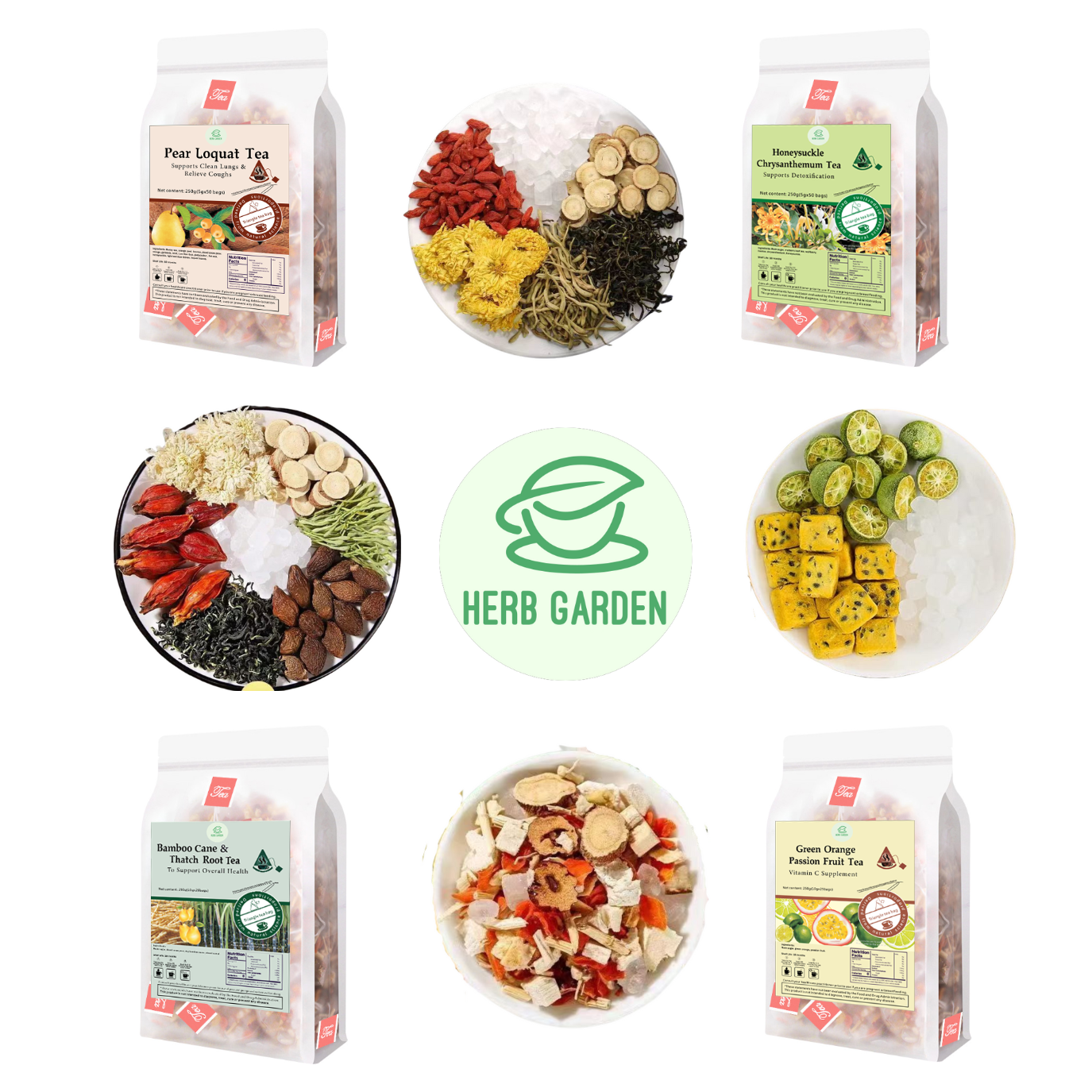 Loose Leaf Herbal Fruit Flower Tea Beverage - Pear Loquat Tea & Honeysuckle Chrysanthemum Tea & Bamboo Cane & Thatch Root Tea & Green Orange Passion Fruit Tea - 125 teabags (34.2oz) - Detox, Throat Comfort, Good Sleep, 100% Natural Whole Material
