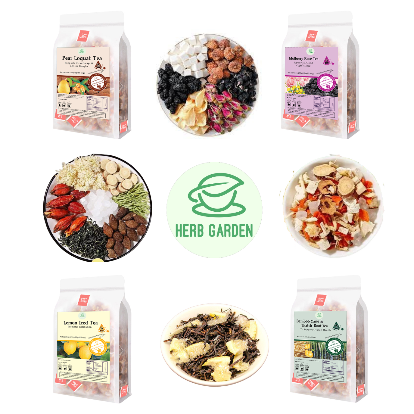 Loose Leaf Herbal Fruit Flower Tea Beverage - Pear Loquat Tea & Mulberry Rose Tea & Lemon Iced Tea & Bamboo Cane & Thatch Root Tea - 125 teabags (34.2oz) - Immune, Throat Comfort, Good Sleep, 100% Natural Whole Material