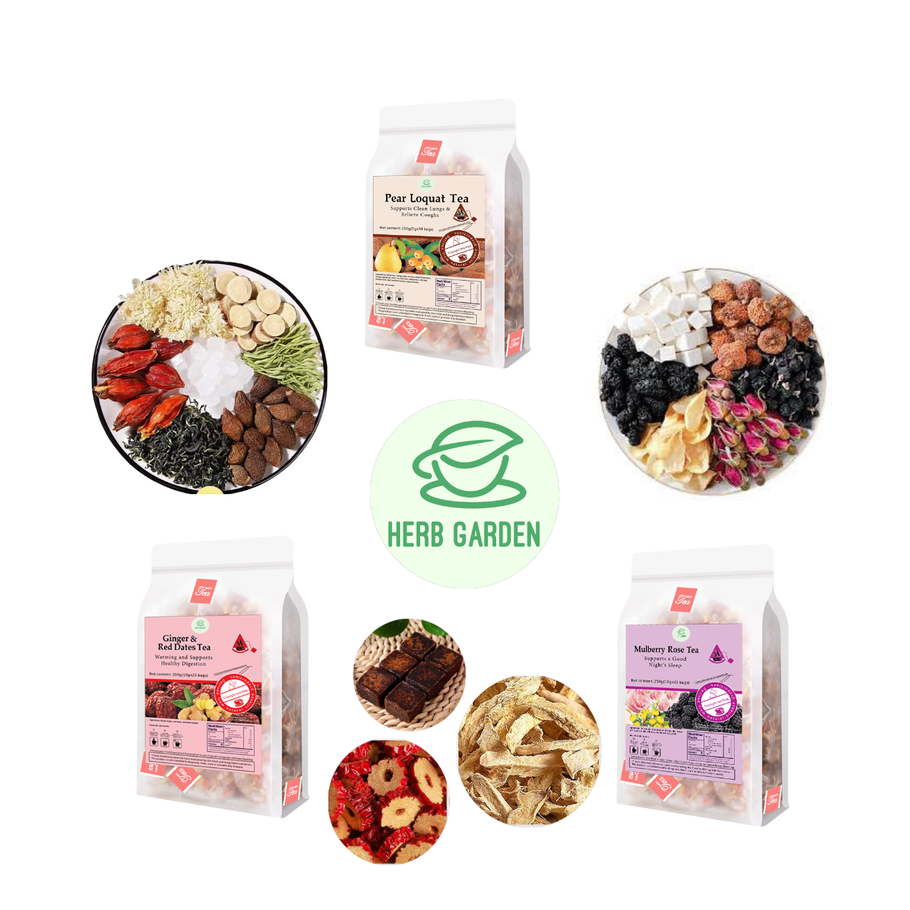 Loose Leaf Herbal Fruit Flower Tea Beverage - Pear Loquat Tea & Mulberry Rose Tea & Ginger & Red Dates Tea - 125 teabags (26.4oz) -  Vitamin C, Good Night’s Sleep, Skin Detox, Menstrual, Soothes Throat, Clean Lungs, Coughs, 100% Natural Material