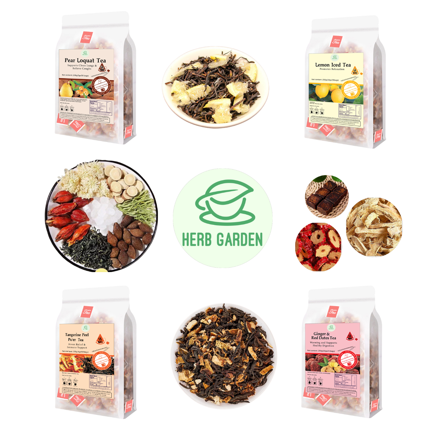 Loose Leaf Herbal Fruit Flower Tea Beverage - Pear Loquat Tea & Lemon Iced Tea & Tangerine Peel Pu’er Tea & Ginger & Red Dates Tea - 150 teabags (31.7oz) - Skin Detox, Menstrual, Immune, Vitamin C, Throat Comfort, Good Sleep, 100% Natural Whole Material