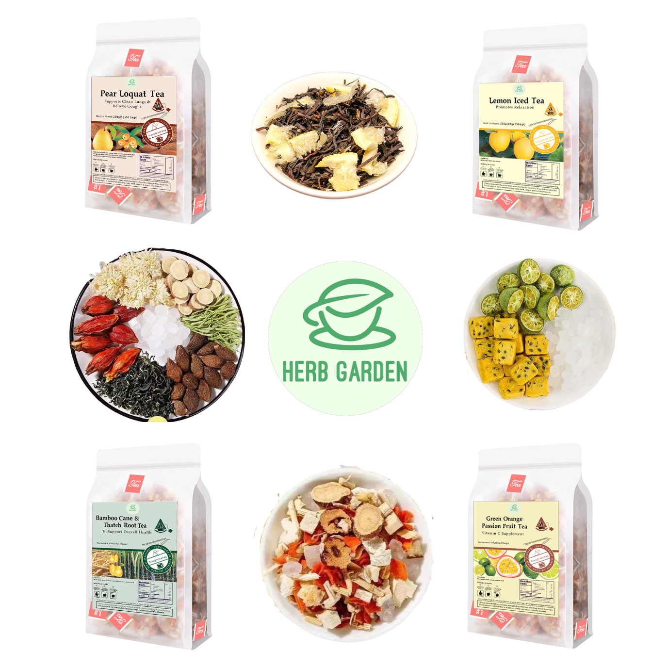 Loose Leaf Herbal Fruit Flower Tea Beverage - Pear Loquat Tea & Lemon Iced Tea & Bamboo Cane & Thatch Root Tea & Green Orange Passion Fruit Tea - 125 teabags (34.2oz) - Vitamin C, Throat Comfort, Good Sleep, 100% Natural Whole Material