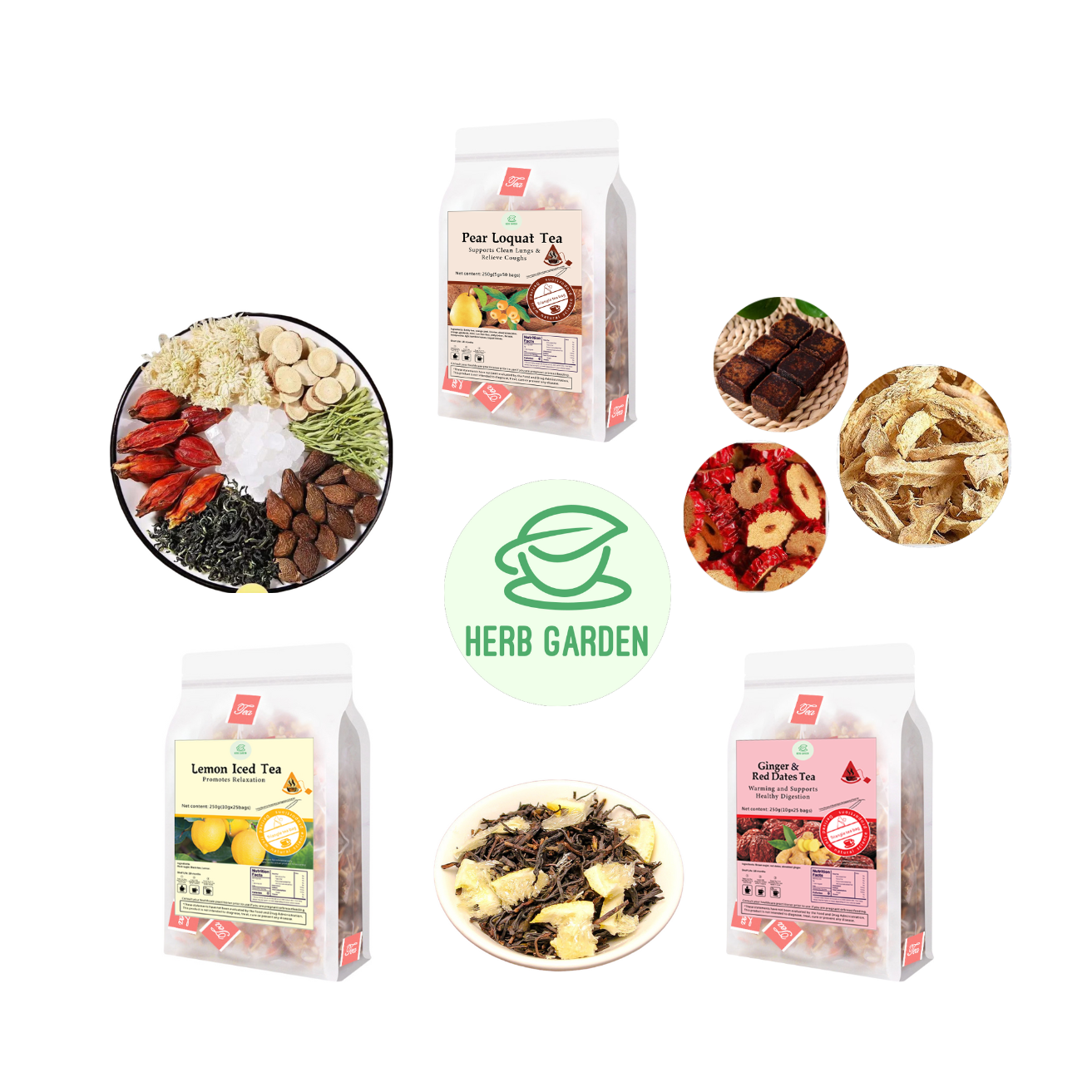 Loose Leaf Herbal Fruit Flower Tea Beverage - Pear Loquat Tea & Lemon Iced Tea & Ginger & Red Dates Tea - 125 teabags (26.4oz) -   Black Tea, Caffeinated, Skin Detox, Menstrual, Vitamin C, Soothes Throat, Clean Lungs, Coughs, 100% Natural Material
