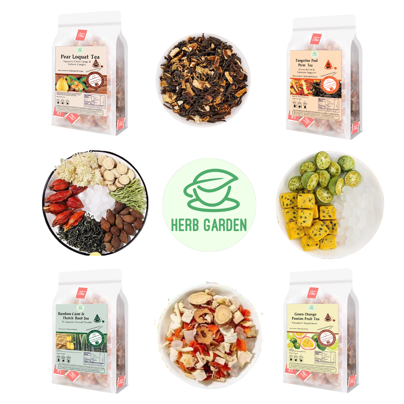 Loose Leaf Herbal Fruit Flower Tea Beverage - Pear Loquat Tea & Tangerine Peel Pu’er Tea & Bamboo Cane & Thatch Root Tea & Green Orange Passion Fruit Tea - 150 teabags (31.7oz) - Immune, Vitamin C, Throat Comfort, 100% Natural Whole Material