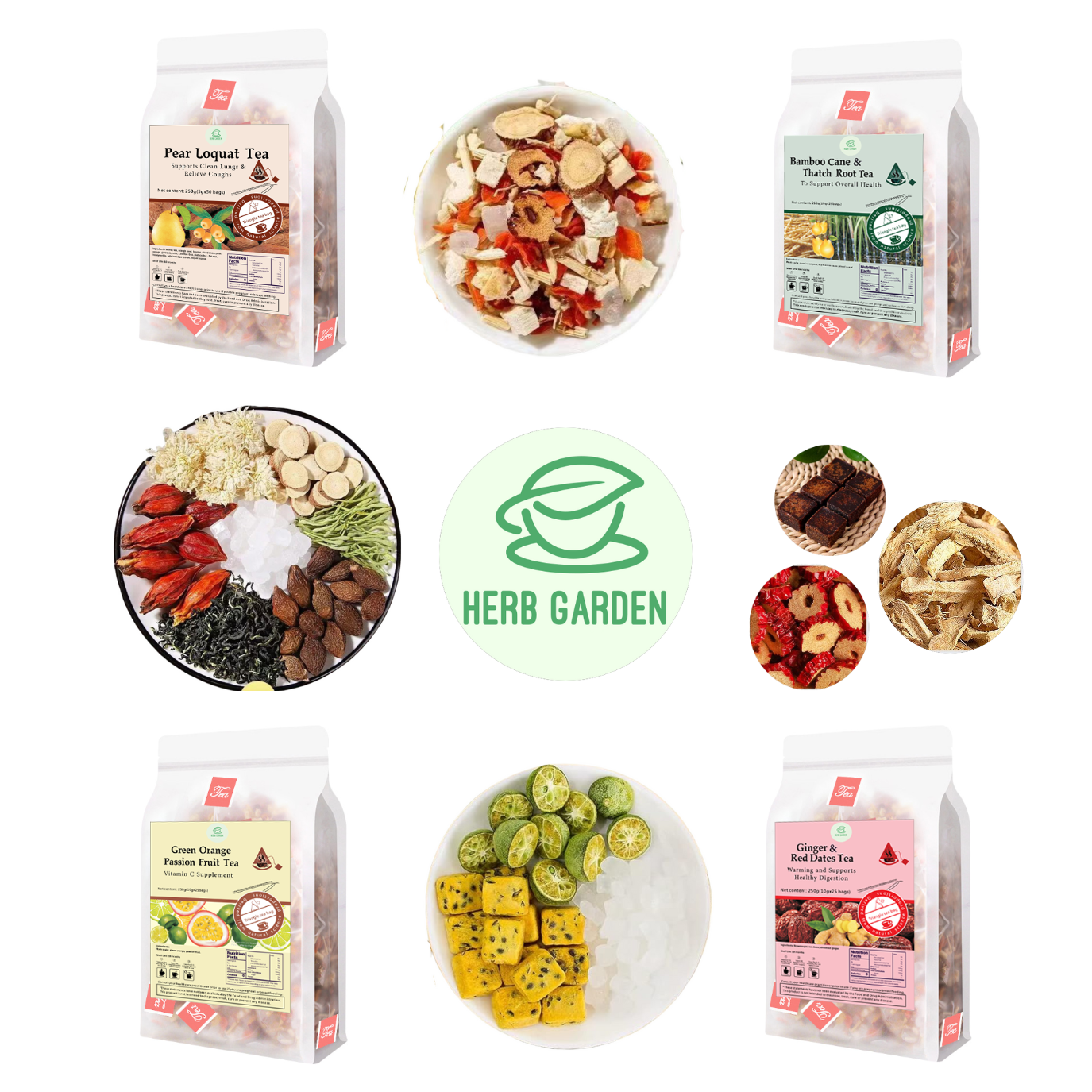 Loose Leaf Herbal Fruit Flower Tea Beverage - Pear Loquat Tea & Bamboo Cane & Thatch Root Tea & Green Orange Passion Fruit Tea & Ginger & Red Dates Tea - 125 teabags (34.2oz) - Skin Detox, Vitamin C, Throat Comfort, 100% Natural Whole Material
