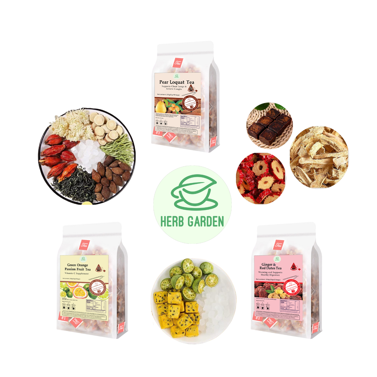 Loose Leaf Herbal Fruit Flower Tea Beverage - Pear Loquat Tea & Green Orange Passion Fruit Tea & Ginger & Red Dates Tea - 125 teabags (26.4oz) -  Vitamin C, Skin Detox, Menstrual, Soothes Throat, Clean Lungs, Coughs, 100% Natural Material