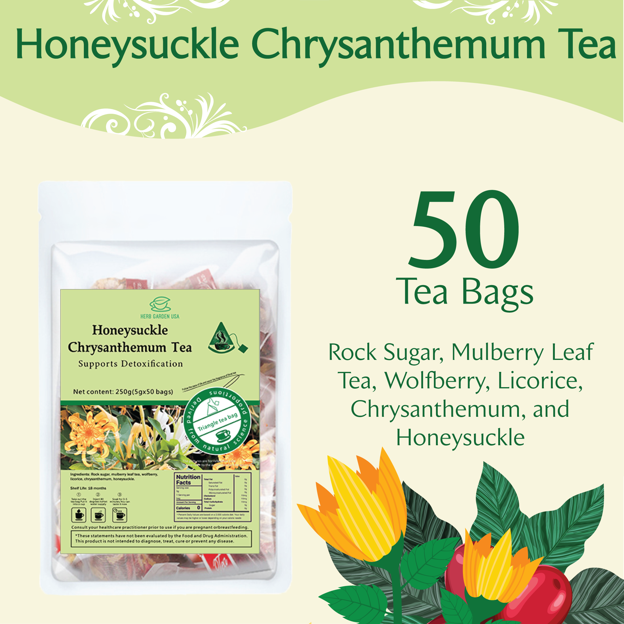 Loose Leaf Herbal Fruit Flower Tea - Honeysuckle Chrysanthemum Tea & Bamboo Cane & Thatch Root Tea - 75 teabags (17.6oz) -  Detox, Great Taste, 100% Natural Whole Material, No Gluten, Positive Energy, Stress Relief