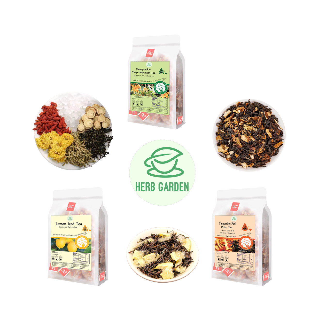 Loose Leaf Herbal Fruit Flower Tea Beverage - Honeysuckle Chrysanthemum Tea & Lemon Iced Tea & Ginger & Tangerine Peel Pu’er Tea - 125 teabags (22.9oz) -  Immune, Vitamin C, 100% Natural Material