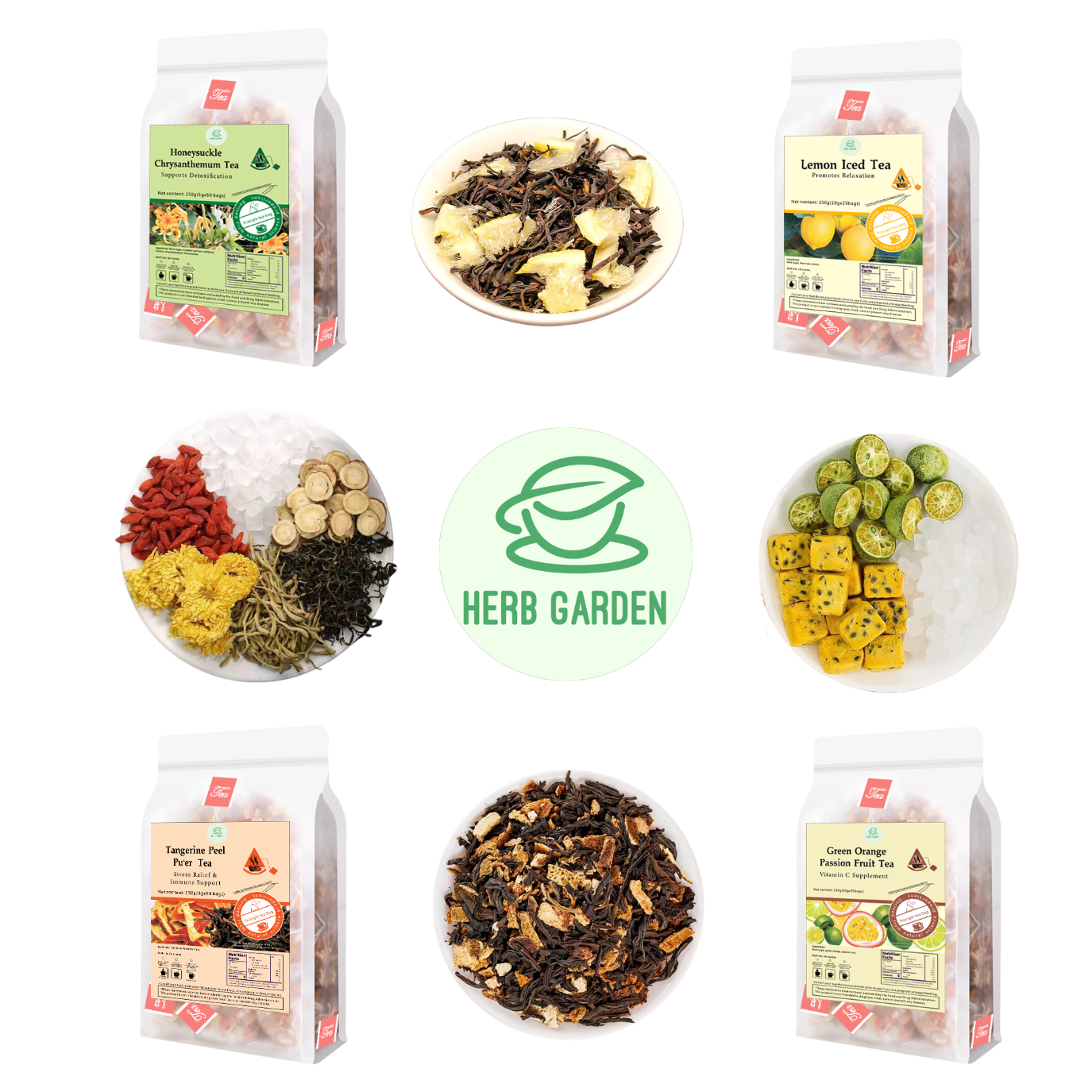 Loose Leaf Herbal Fruit Flower Tea Beverage - Honeysuckle Chrysanthemum Tea & Lemon Iced Tea & Tangerine Peel Pu’er Tea & Green Orange Passion Fruit Tea - 150 teabags (31.7oz) - Immune, Detox, Good Night’s Sleep, Vitamin C, 100% Natural Whole Material
