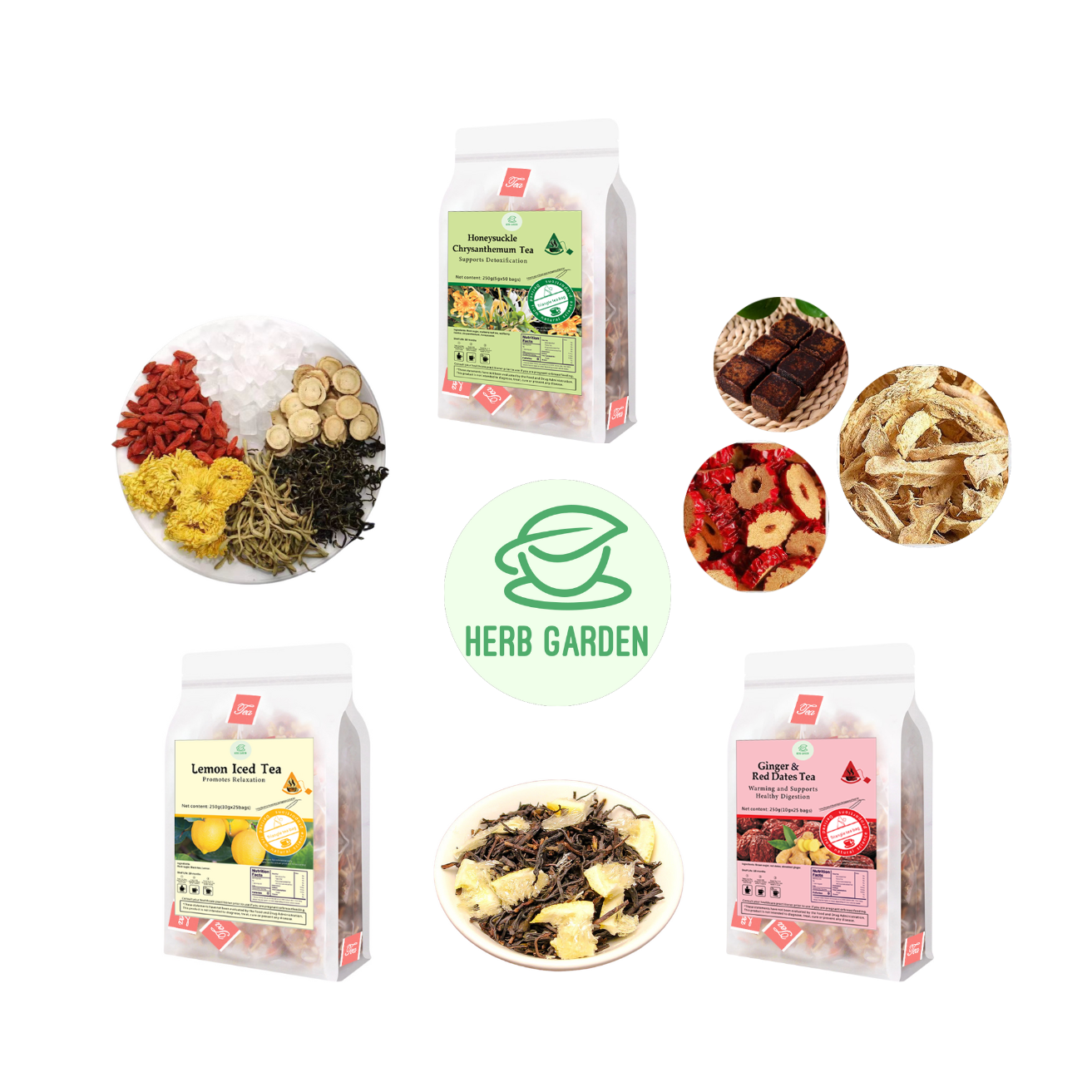 Loose Leaf Herbal Fruit Flower Tea Beverage - Honeysuckle Chrysanthemum Tea & Lemon Iced Tea & Ginger & Red Dates Tea - 100 teabags (26.4oz) - Vitamin C, 100% Natural Material