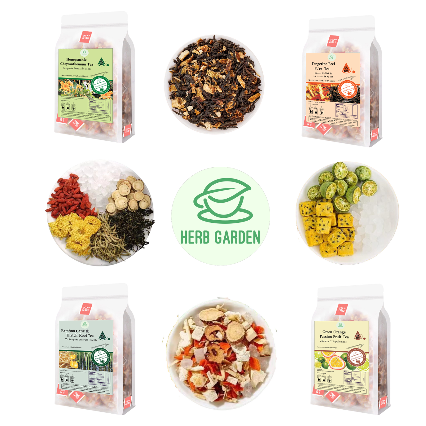 Loose Leaf Herbal Fruit Flower Tea Beverage - Honeysuckle Chrysanthemum Tea & Tangerine Peel Pu’er Tea & Bamboo Cane & Thatch Root Tea & Green Orange Passion Fruit Tea - 150 teabags (31.7oz) - Detox, Immune, Vitamin C, 100% Natural Whole Material