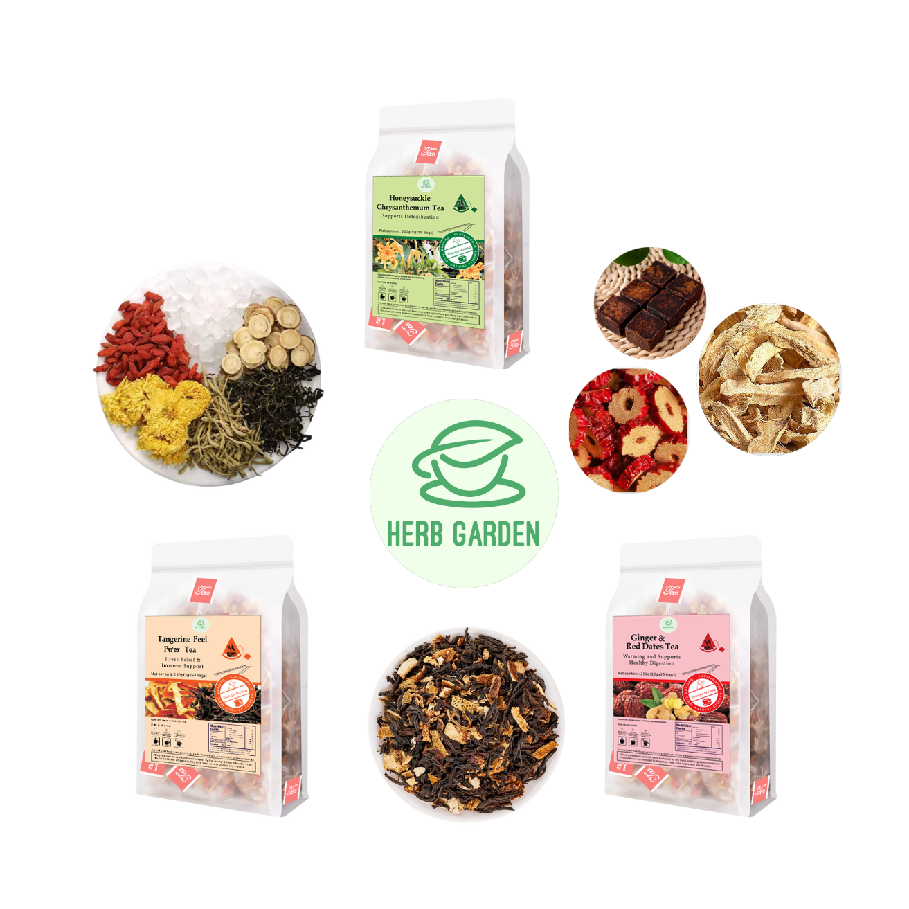 Loose Leaf Herbal Fruit Flower Tea Beverage - Honeysuckle Chrysanthemum Tea & Tangerine Peel Pu’er Tea & Ginger & Red Dates Tea - 125 teabags (22.9oz) - Immune, Vitamin C, 100% Natural Material