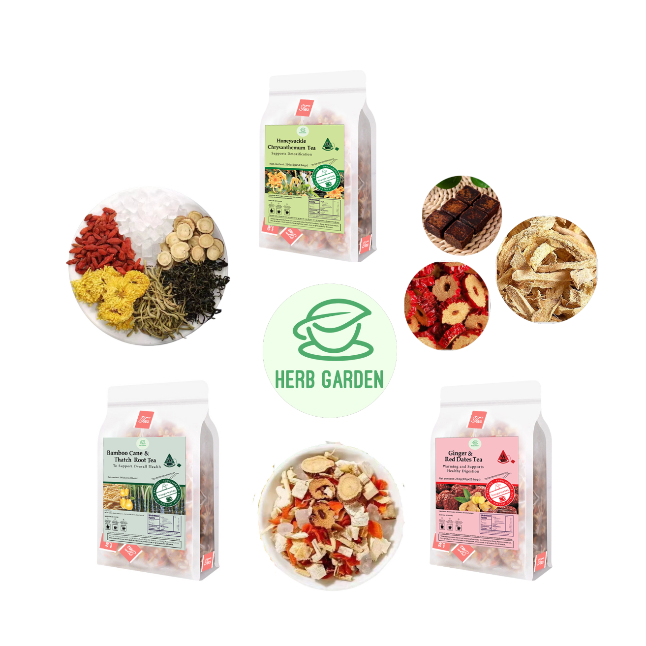 Loose Leaf Herbal Fruit Flower Tea Beverage - Honeysuckle Chrysanthemum Tea & Bamboo Cane & Thatch Root Tea & Ginger & Red Dates Tea - 100 teabags (26.4oz) - Vitamin C, 100% Natural Material