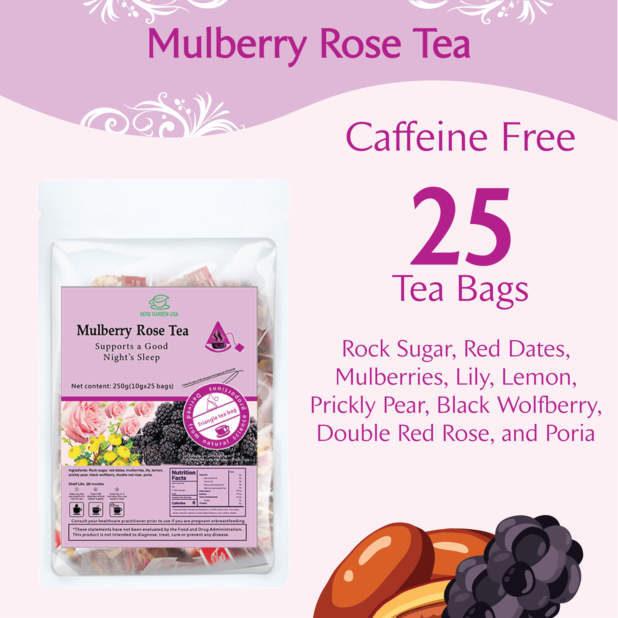 Loose Leaf Herbal Fruit Flower Tea - Mulberry Rose Tea & Bamboo Cane & Thatch Root Tea - 50 teabags (17.6oz) - Vitamin C, Good Night’s Sleep, Great Taste, 100% Natural Whole Material, No Gluten, Positive Energy, Stress Relief