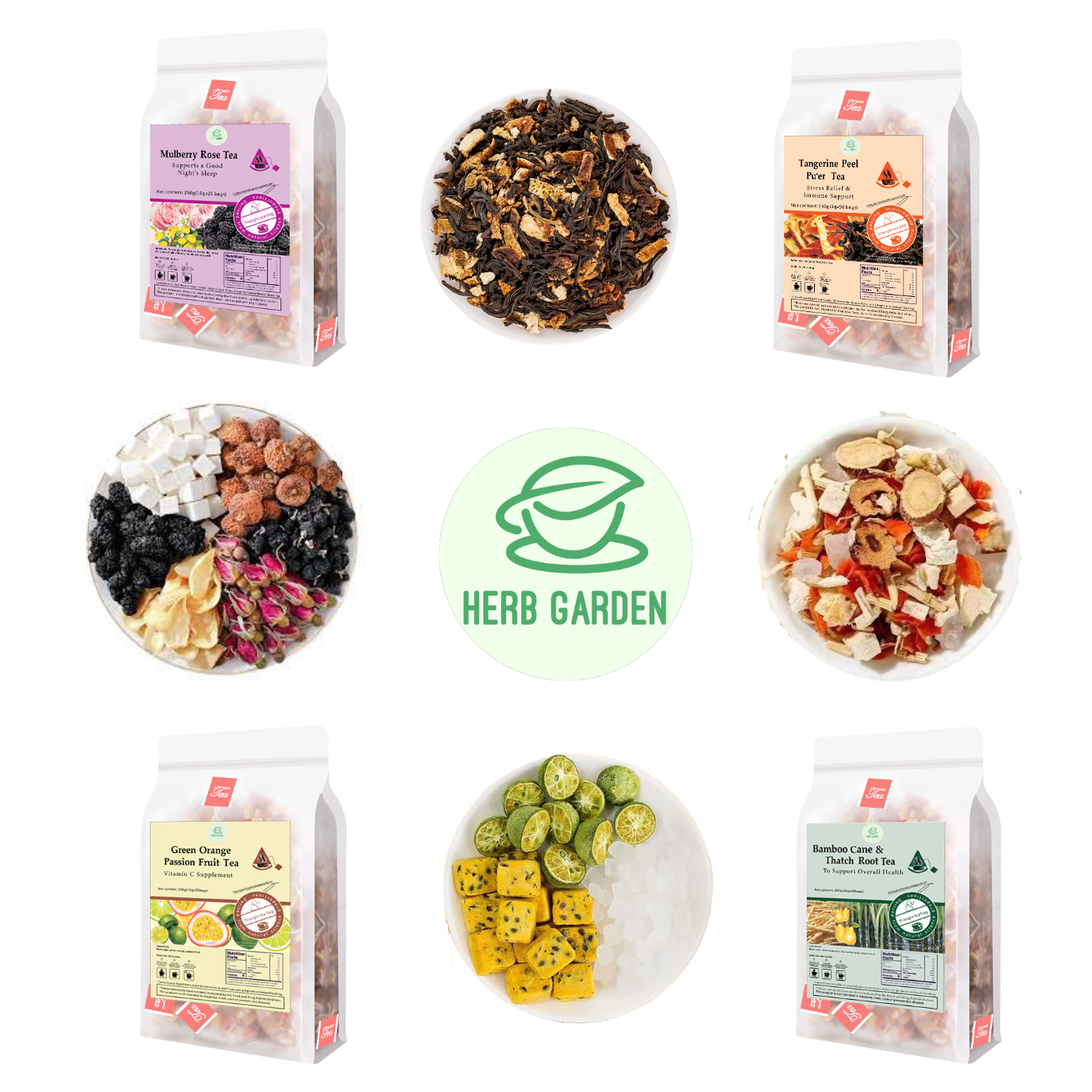 Loose Leaf Herbal Fruit Flower Tea Beverage - Mulberry Rose Tea & Tangerine Peel Pu’er Tea & Bamboo Cane & Thatch Root Tea & Green Orange Passion Fruit Tea - 125 teabags (31.7oz) - Immune, Good Night’s Sleep, Vitamin C, 100% Natural Whole Material
