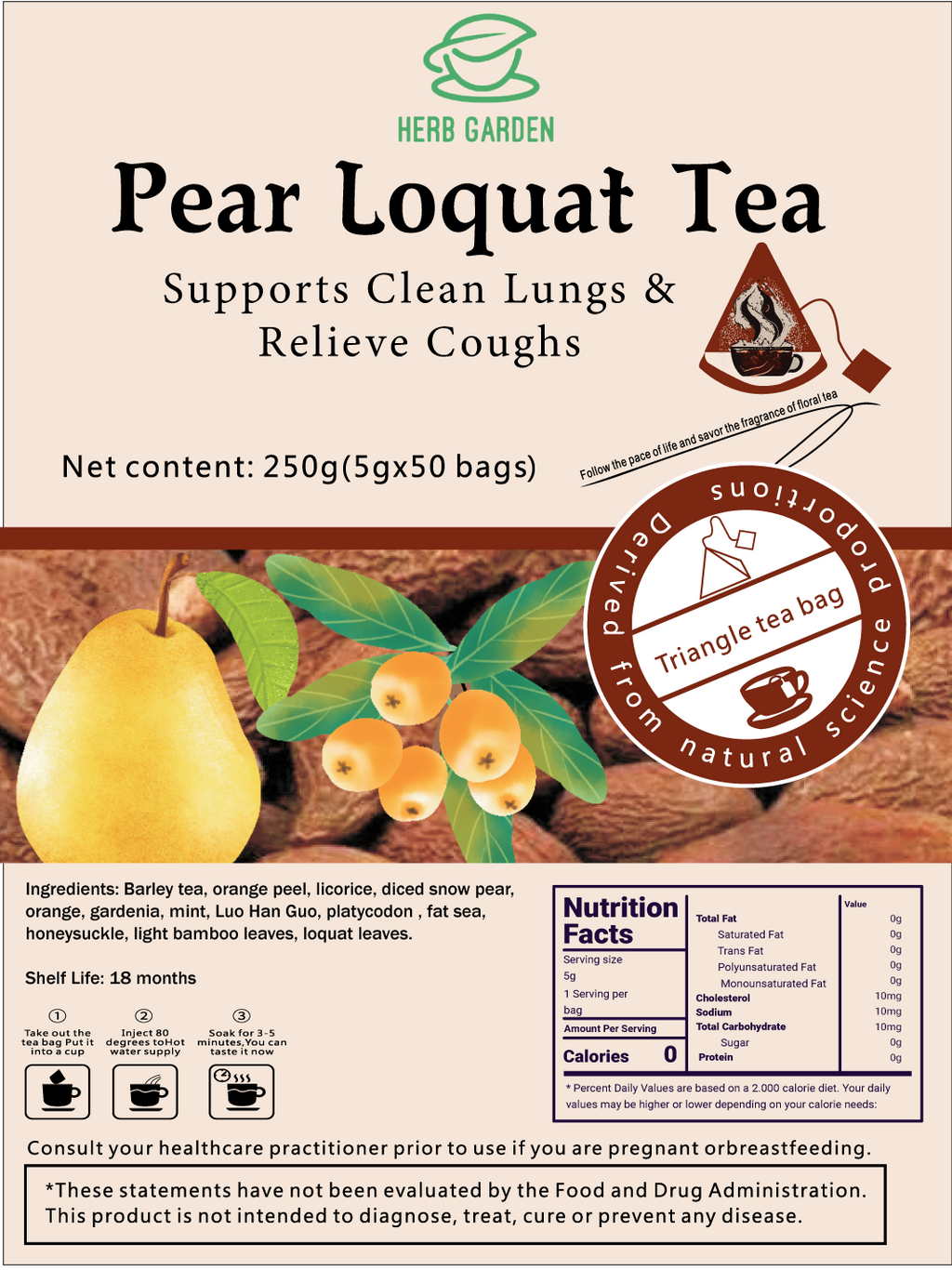 Goddess Herbal Tea Beverage - Natural Material Pear Loquat Tea 250g (5g x 50 bags)