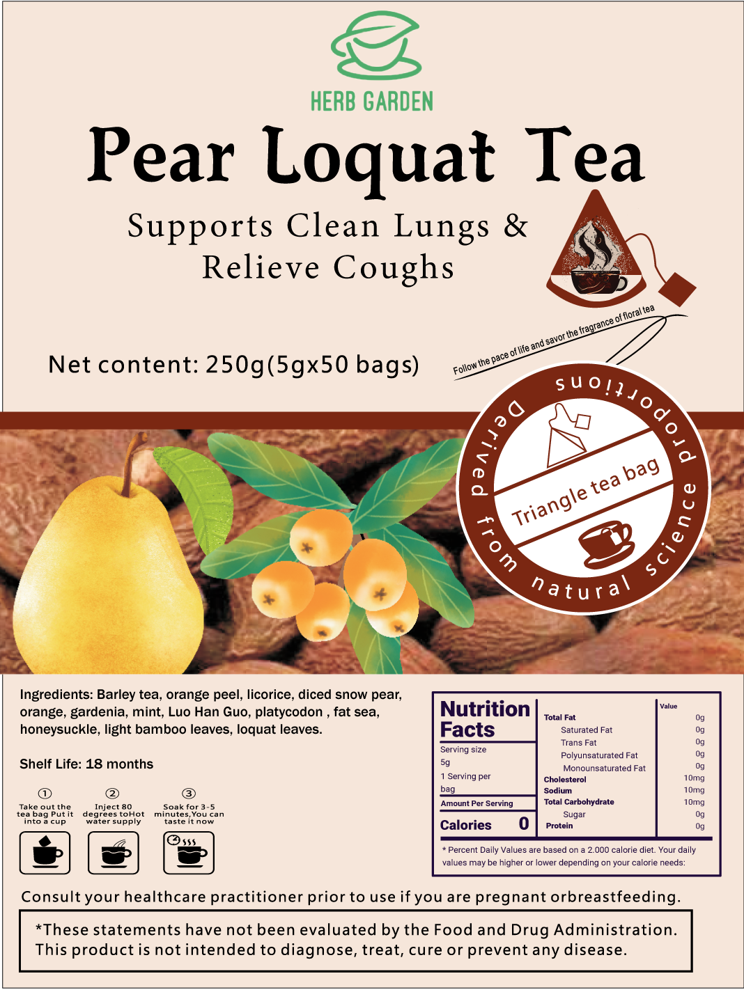 Goddess Herbal Tea Beverage - Natural Material Pear Loquat Tea 250g (5g x 50 bags)