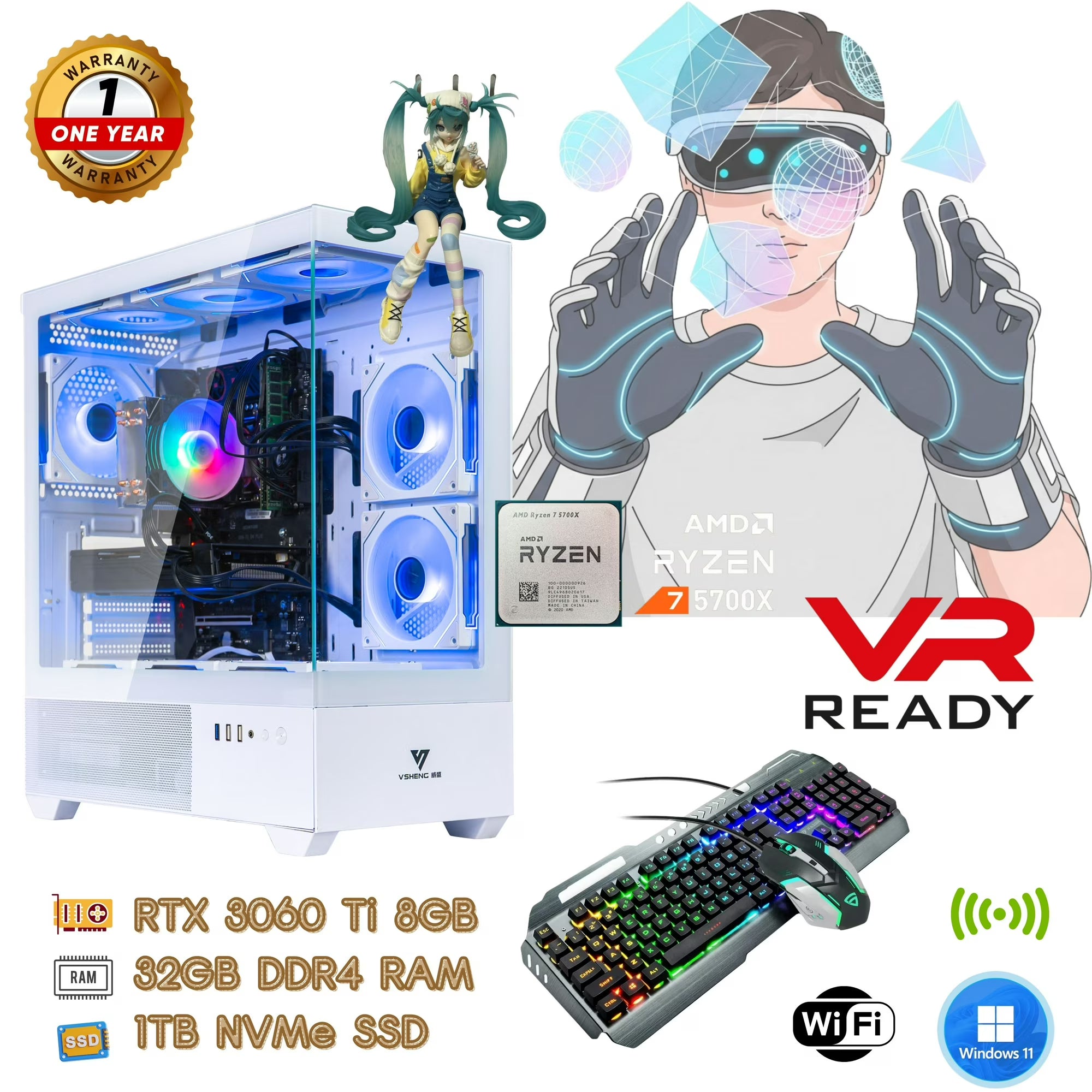 EVOUNIC Gaming PC Desktop Computer – Ryzen 7 5700X up to 4.6GHz (8 Cores / 16 Threads), RTX 3060 Ti, 32GB DDR4 RAM, 1TB SSD, Wi-Fi 6 & Bluetooth 5.4, 9× ARGB Fans, Air Cooler, 650W PSU, Win11 Pro