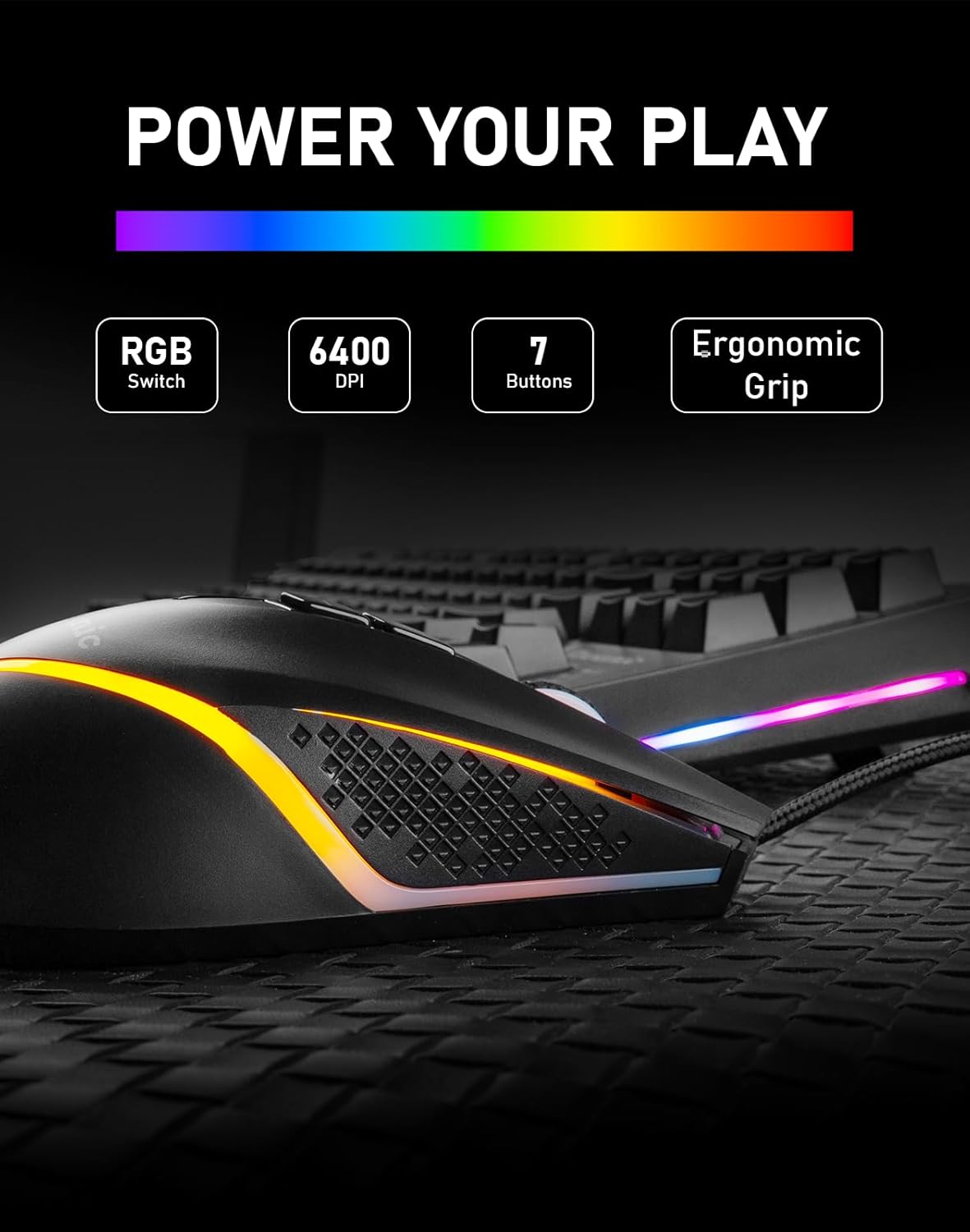RGB Wired Gaming Mouse, 6400 DPI Adjustable, 7‑Button Ergonomic Optical Mouse with On‑The‑Fly DPI Switch & Side Buttons, USB PC Mouse for Gaming and Work, RGB Light Strip, Windows/Mac/Linux Compatible